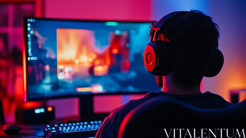 Gamer immersed in neon-lit PC setup during intense session.