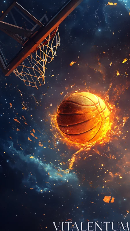 Incandescent basketball streaks toward hoop in deep cosmic void