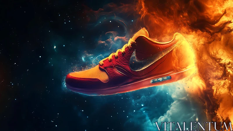 Sport shoe in cosmic fire and smoke digital artwork.