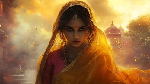Intense woman in golden veil against glowing temple backdrop.