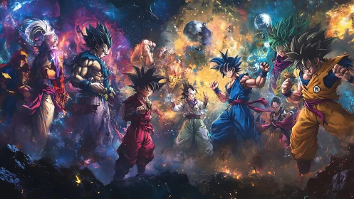 Cosmic showdown of anime warriors in explosive nebula field.