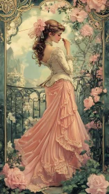 Victorian-style woman in pink gown in ornate garden setting.