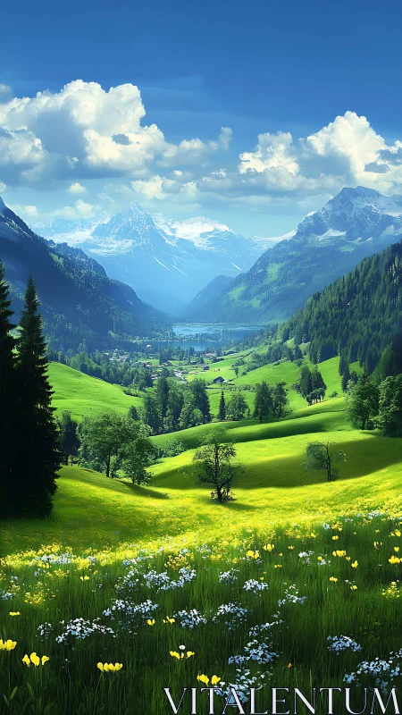 Lush alpine valley with wildflower meadows and distant peaks.
