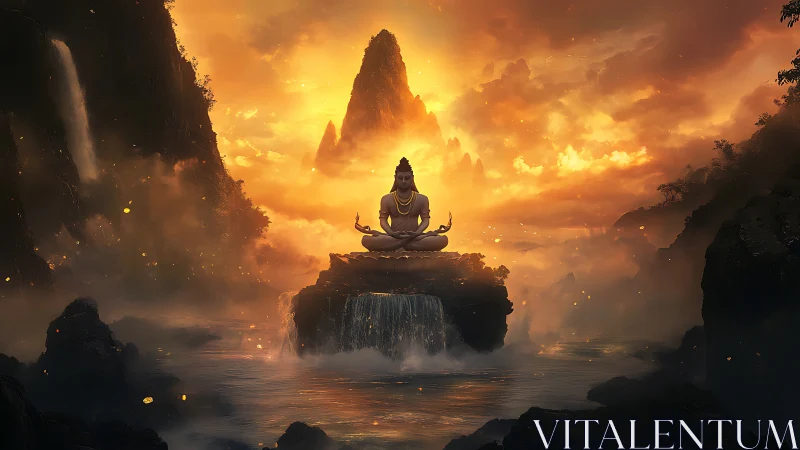 Digital painting of meditative deity over cascading waterscape.