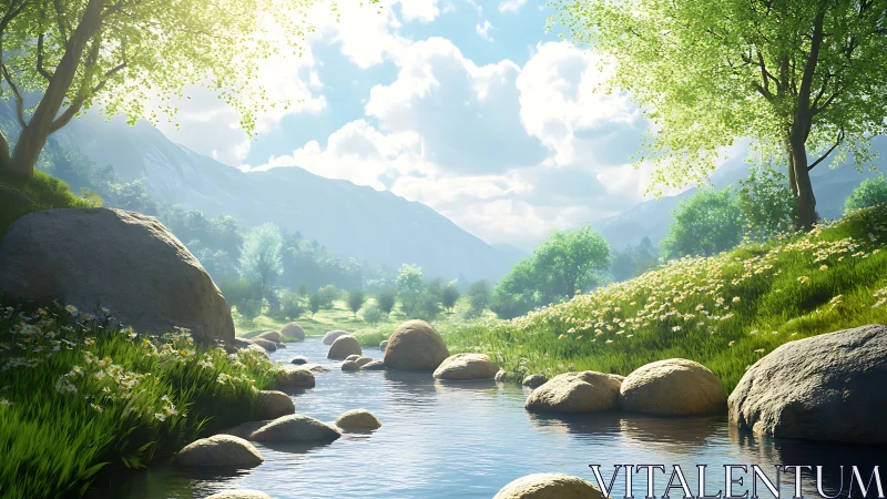 Digital painting of luminous alpine stream and meadow lightscape.