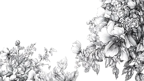 Botanical Ink Composition: Dense Floral Arrangement with Layered Blooms and Foliage