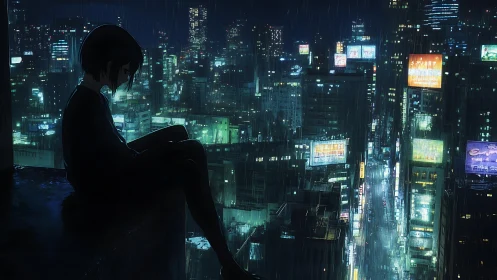 Solitary silhouette above neon-soaked rainstorm metropolis.