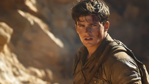 Dust-scarred desert drifter pausing mid-escape under blaze.