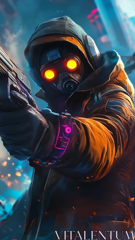 Neon-eyed vigilante aims through a storm of cyber sparks.