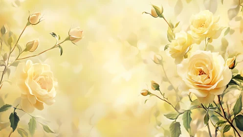 Cream Yellow Garden Roses with Soft Bokeh Atmospheric Background. Digital rendering