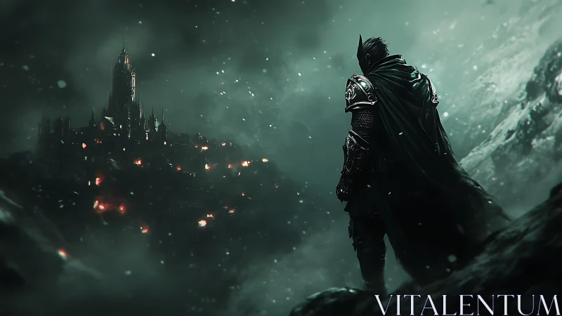 Midnight-clad warrior measures a burning citadel&rsquo;s doom