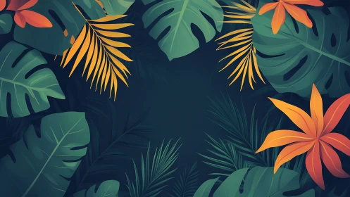 Tropical foliage and flowers frame a dark central background