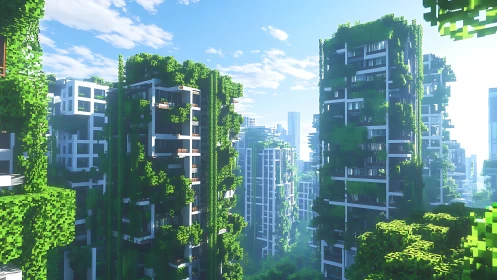 Vertical voxel forest city bathed in bright morning light.