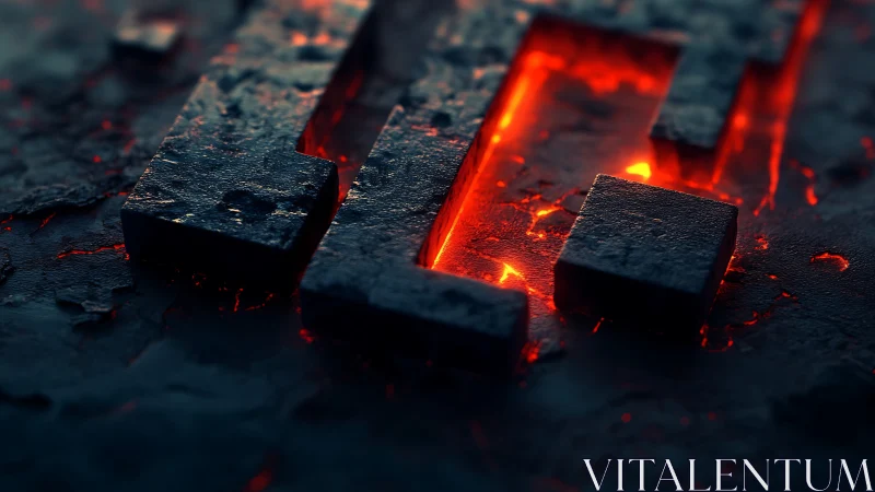 Molten glow beneath dark metal blocks in close view.