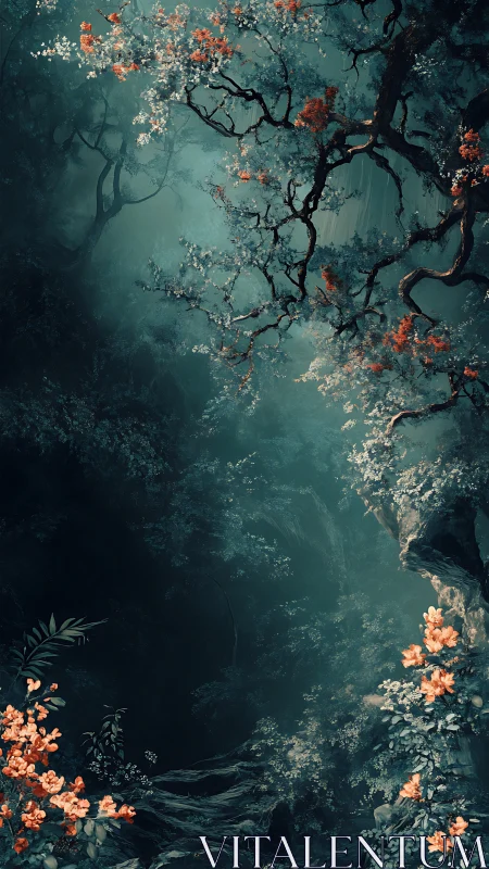 Whispering teal ravine wrapped in ember-tipped blossoms.