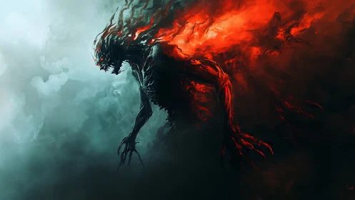 Fiery shadow creature strides through swirling smoke and flame