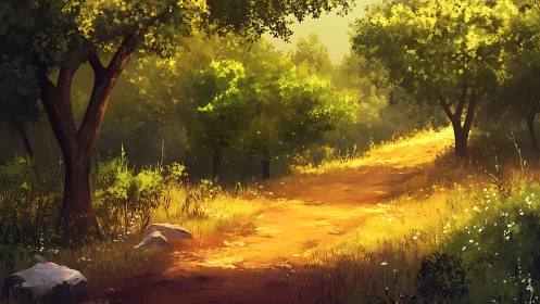 Sunlit Forest Path Through Golden Meadow and Ancient Trees