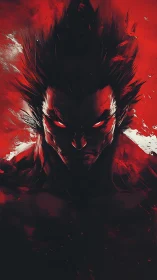 Shadowed muscular figure with glowing eyes in red background.