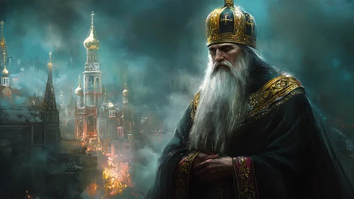 Elderly crowned ruler before burning domed skyline scene.