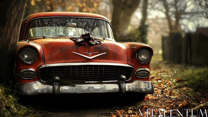 Weathered red classic car rests quietly in a soft autumn lane