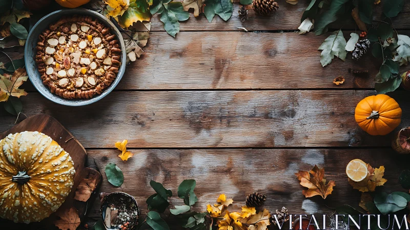 Rustic autumn table frames pumpkin pie with seasonal decor