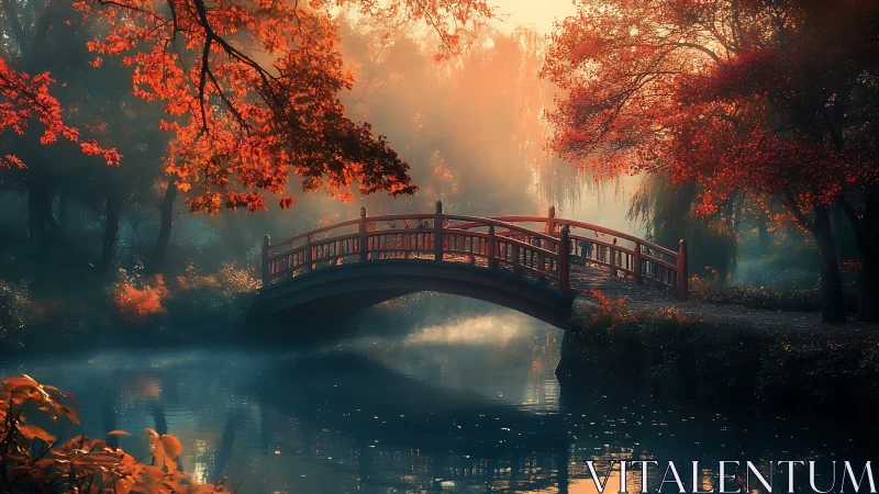 Autumn bridge spans a misty river in golden sunrise light
