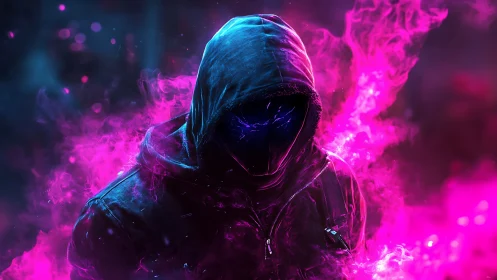 Mysterious hooded wanderer in neon pink digital mist.