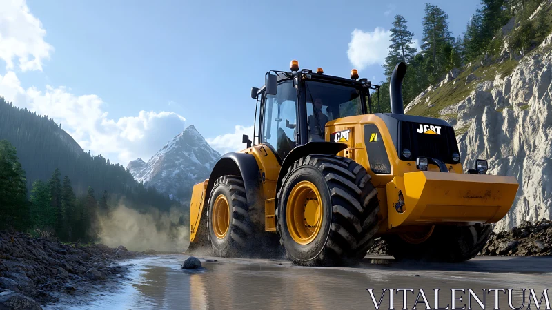 Heavy construction tractor crossing wet mountain worksite.