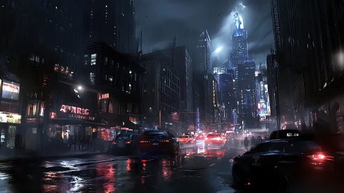 Noir cyberpunk avenue under rain-soaked neon and high-rises.