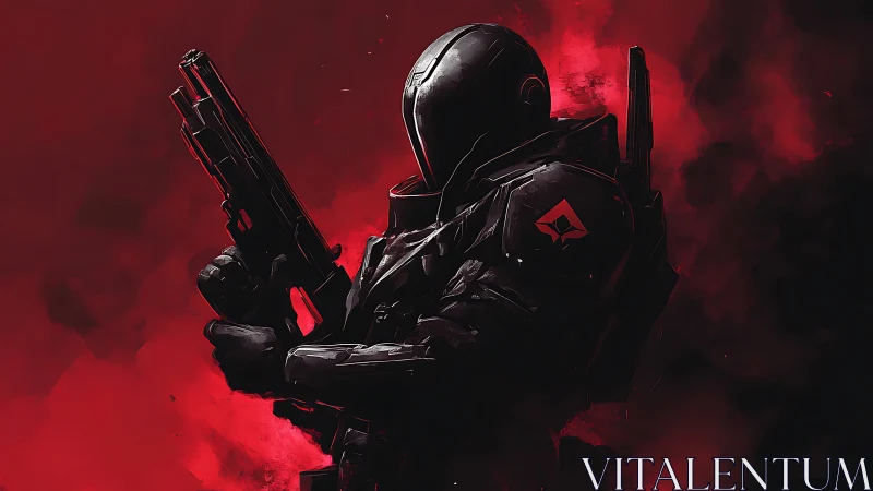 Armored sci fi soldier stands ready amid blood red smoke