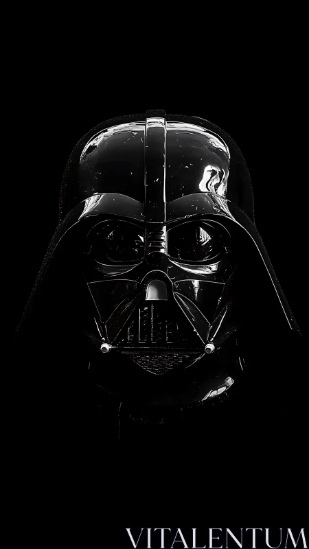 Glossy black sci‑fi respirator helmet rendered with high contrast rim lighting