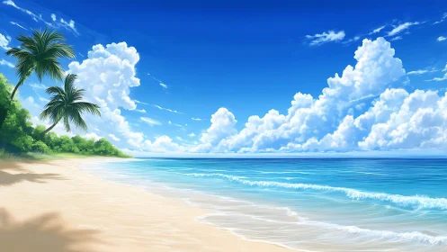 Tropical Paradise Beach with Palm Fronds and Billowing Clouds.