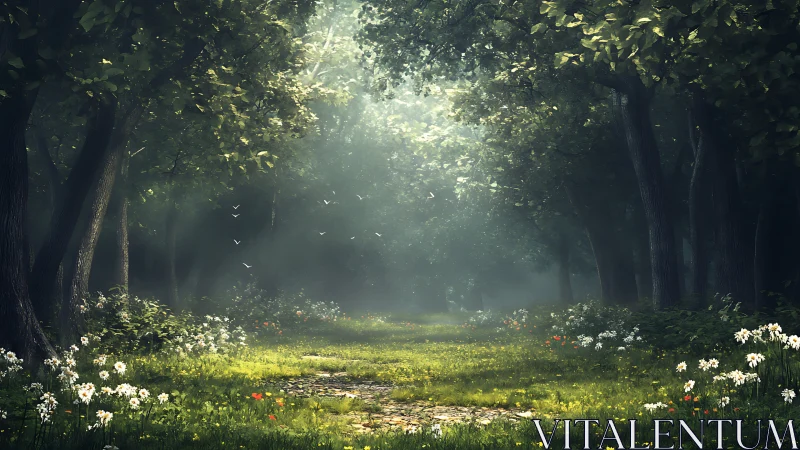 Forest Clearing with Filtered Sunlight and Flowering Meadow