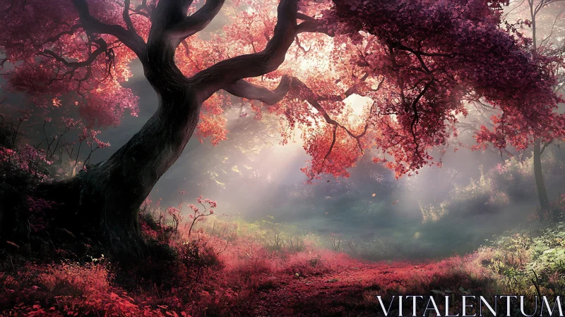 Luminescent cherry grove with arcing canopy and soft depth field.