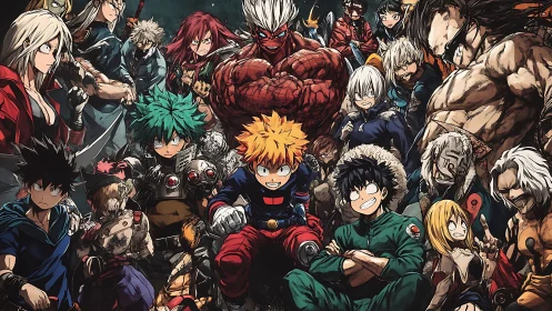 Group portrait of stylized combat-ready characters in dense layout