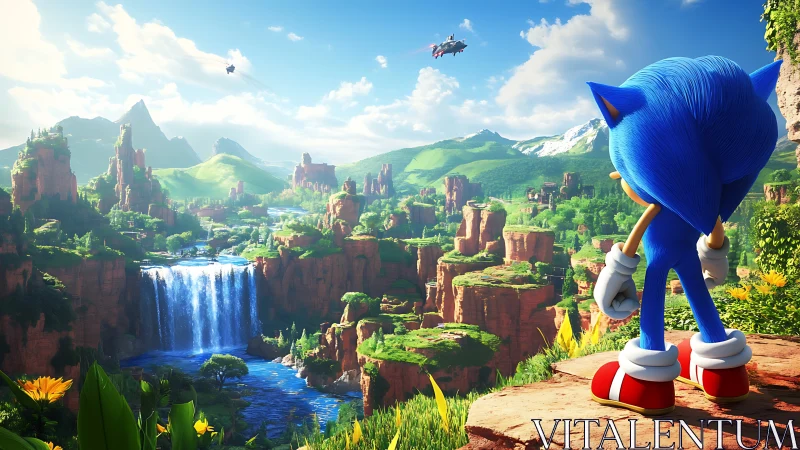 Blue speedster scouting a lush canyon of waterfalls and skyships.