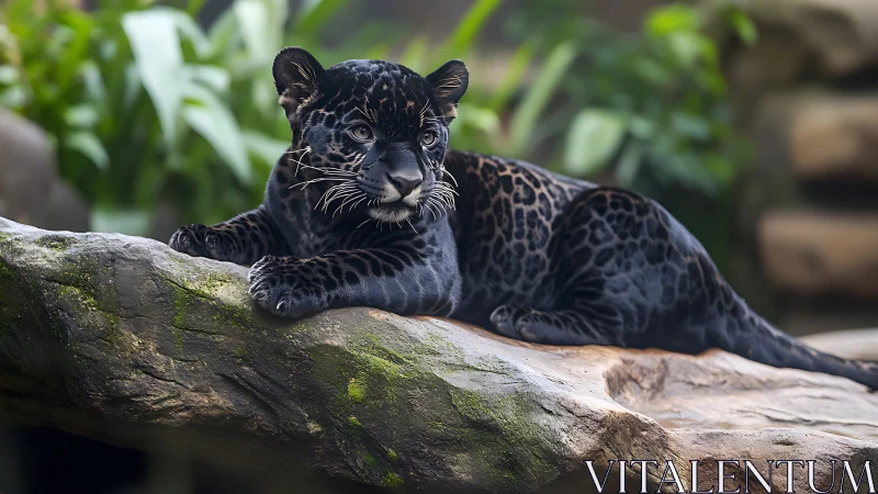 Striking Black Jaguar Rests on a Mossy Log