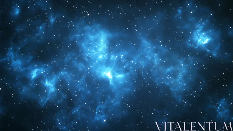 Luminescent blue nebula drifts through a star-filled cosmos.