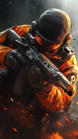 Tactical operator in orange gear advancing with customized assault rifle