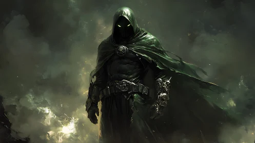 Hooded void knight emerging from toxic storm clouds.