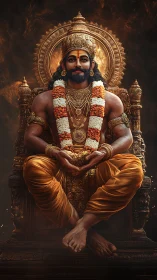 Golden throne sage radiates calm power in sacred glow.