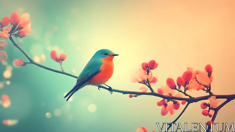 Vibrant Bluebird on Blossoming Branch, Soft Pastel Art Style.