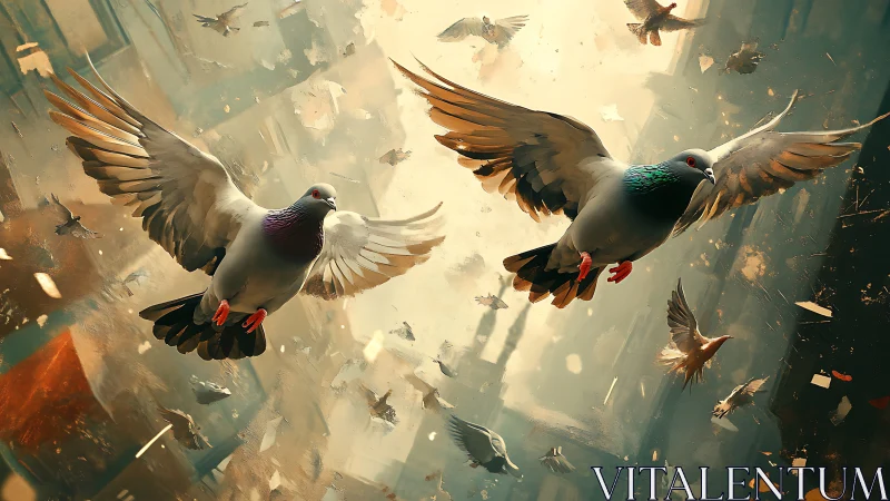 Dynamic flock of pigeons rendered in luminous urban light