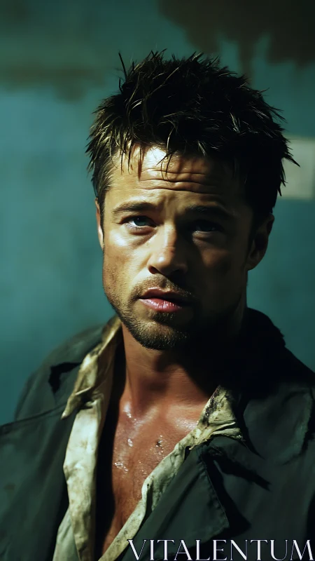 Moody portrait of rugged man in worn jacket, harsh light.