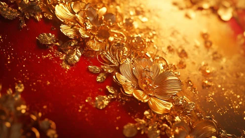 Rendered gold floral relief lies on glowing red surface