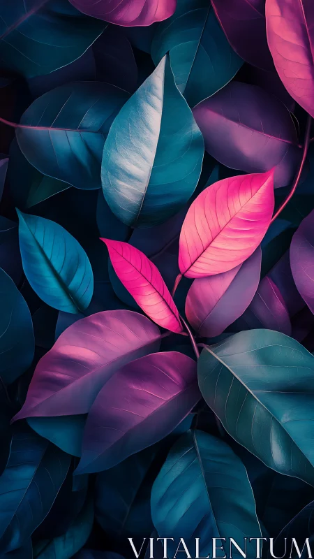 Neon leaves glow softly in a dreamy, bioluminescent palette