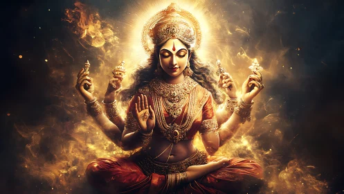 Radiant multi-armed goddess sits in blazing golden aura