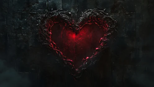 Incandescent Cardiac Form Within Architectural Stone Environment.