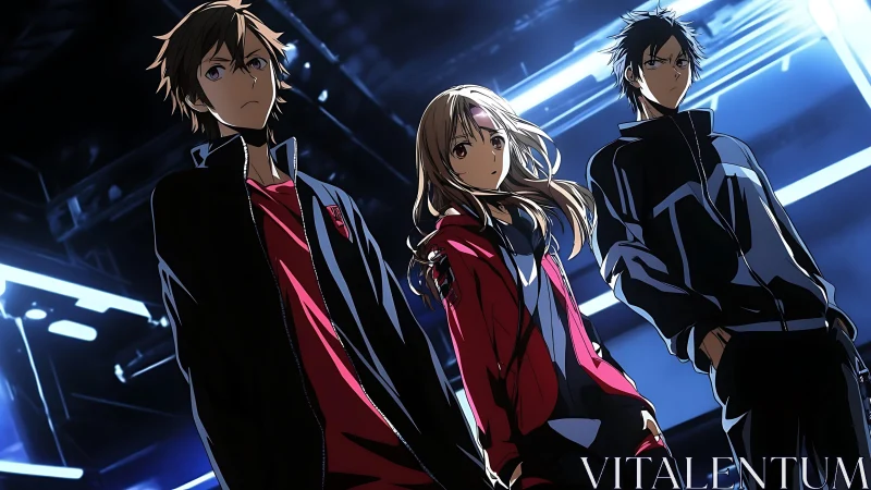Three anime youths in sportswear under neon lighting.