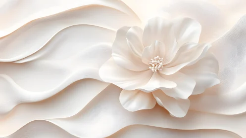 Elegant White Flower on Flowing Fabric, Soft Minimalist Art.